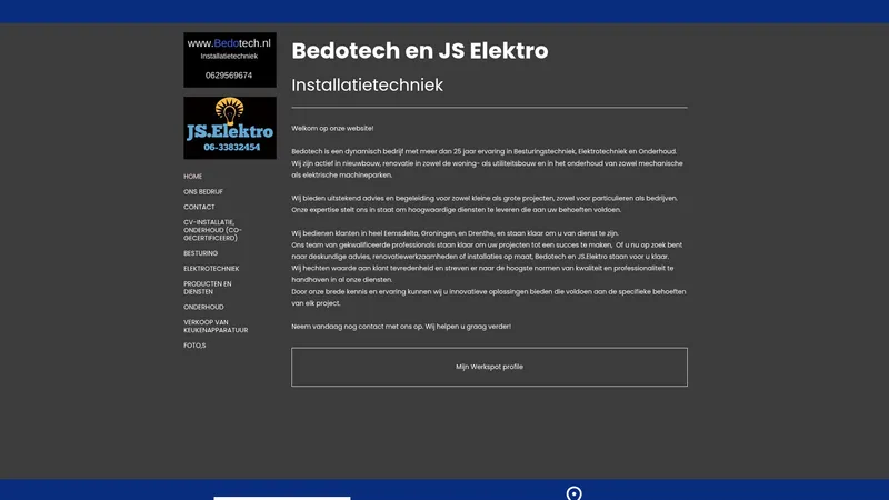Website van Bedotech; Elektriciën/Installatietechniek/Erkende cv monteur