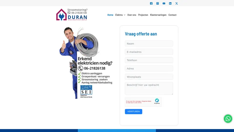 Website van Duran Elektrotechnisch bedrijf / Vervangen groepenkast / Aanleggen elektra/ Stroomstoring zoeken Utrecht