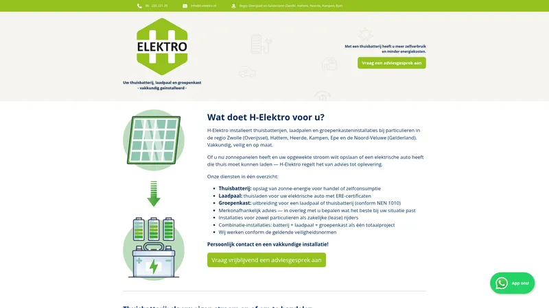 Website van H-elektro, installatie van thuisbatterijen, stekkerbatterijen en laadpalen in de regio Zwolle, Hattem, Heerde