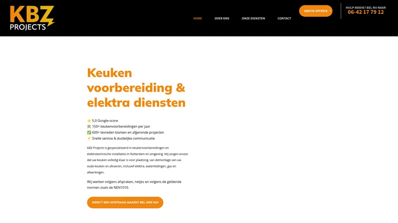 Website van KBZ Projects – Keukenvoorbereiding & Elektra