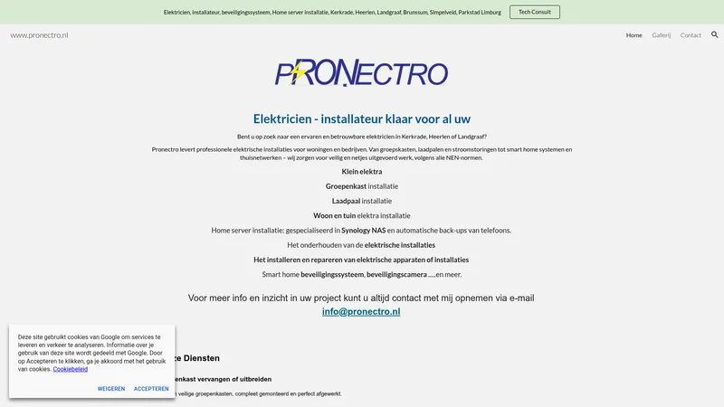 Website van Pronectro, electricien, meterkast, groepenkast, NAS
