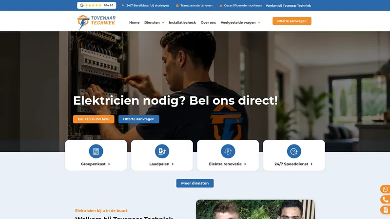 Website van Tovenaar Techniek Elektra